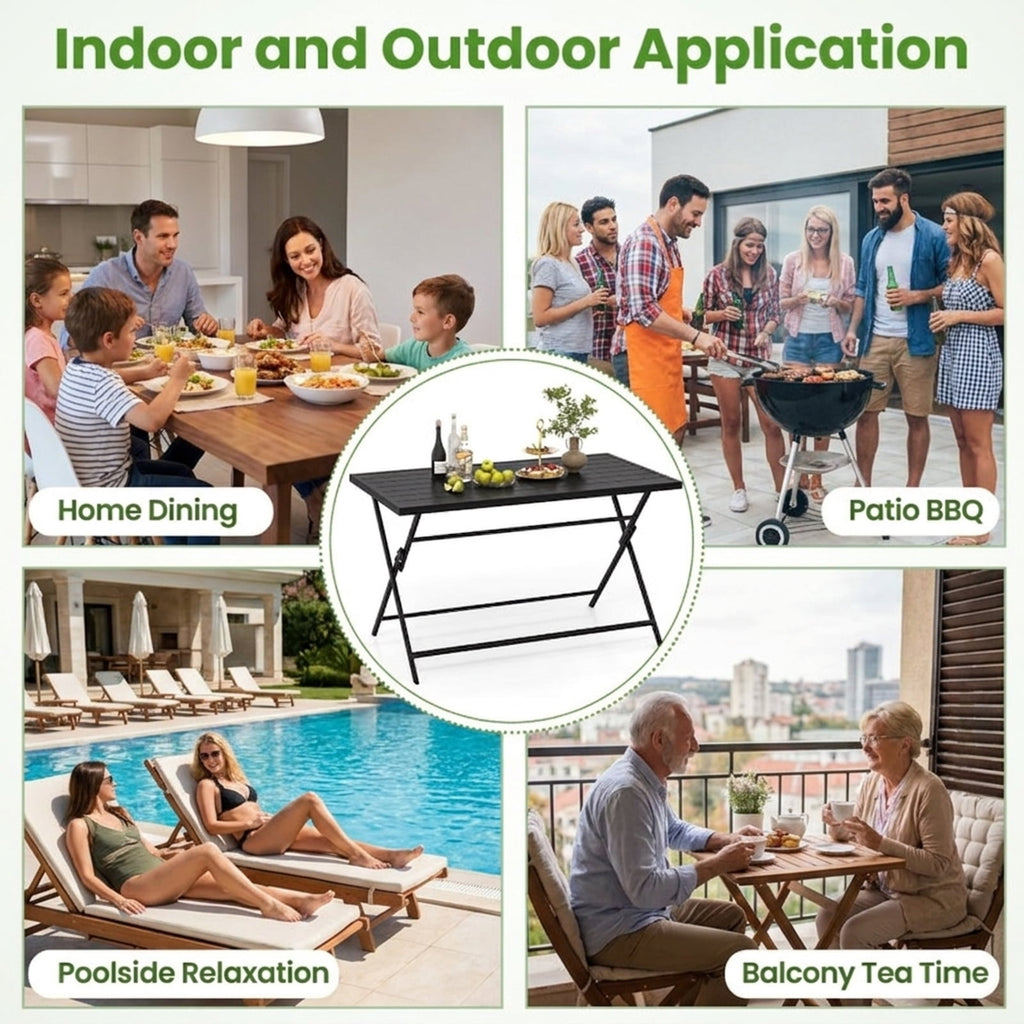 Biotree Foldable Outdoor Dining Table 48inch x 30inch Rectangular Metal Patio Table with Slatted Tabletop, Dark Brown