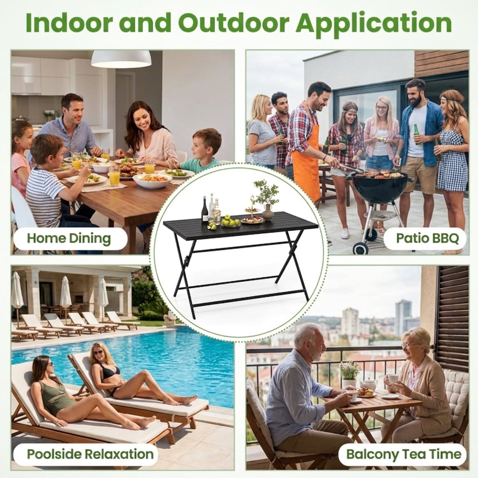 Biotree Foldable Outdoor Dining Table 48inch x 30inch Rectangular Metal Patio Table with Slatted Tabletop, Dark Brown