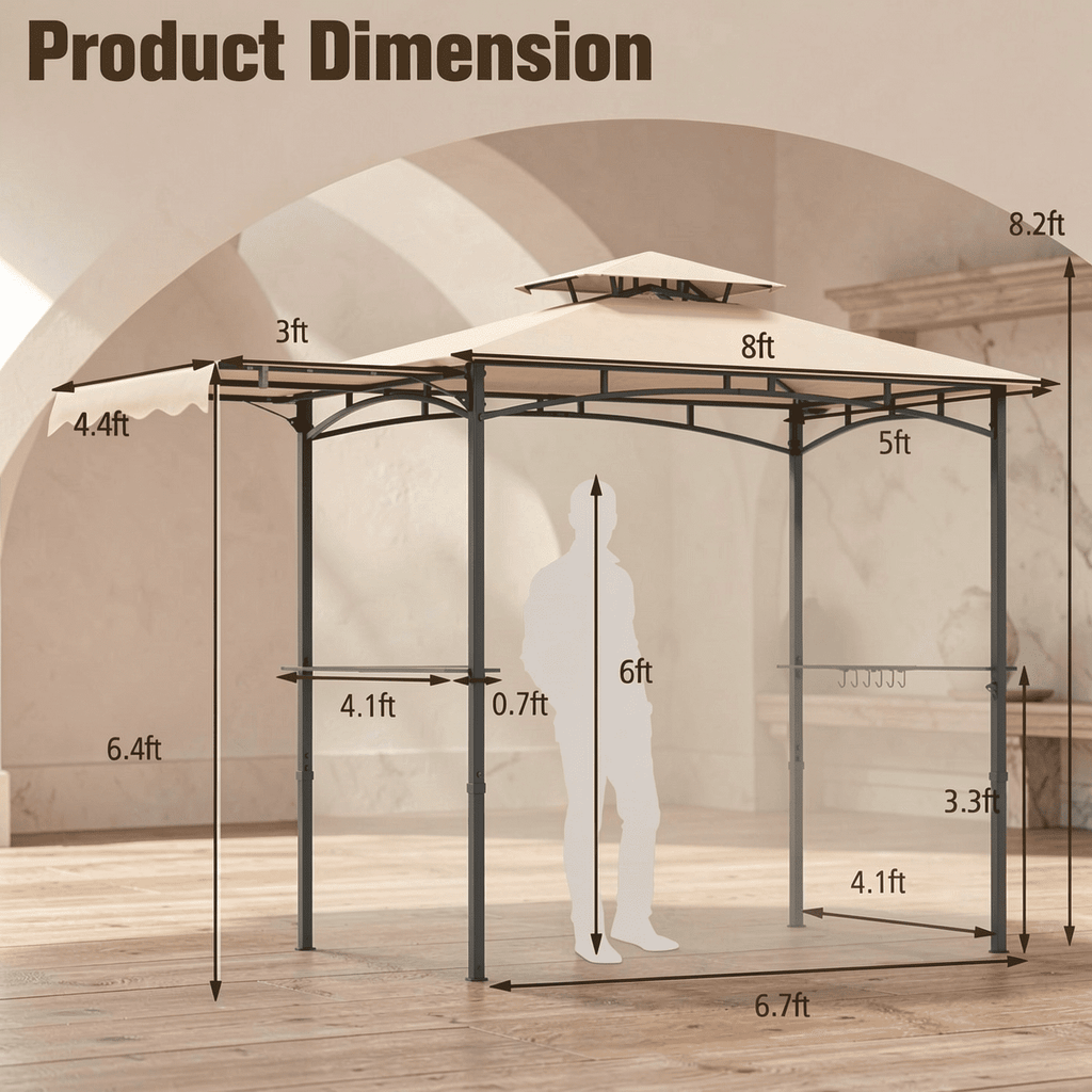 Biotree 11 x 5 FT Grill Gazebo with Side Awning and Double-Tiered Top Beige - Outdoor Patio Backyard Garden Shade Canopy Shelter