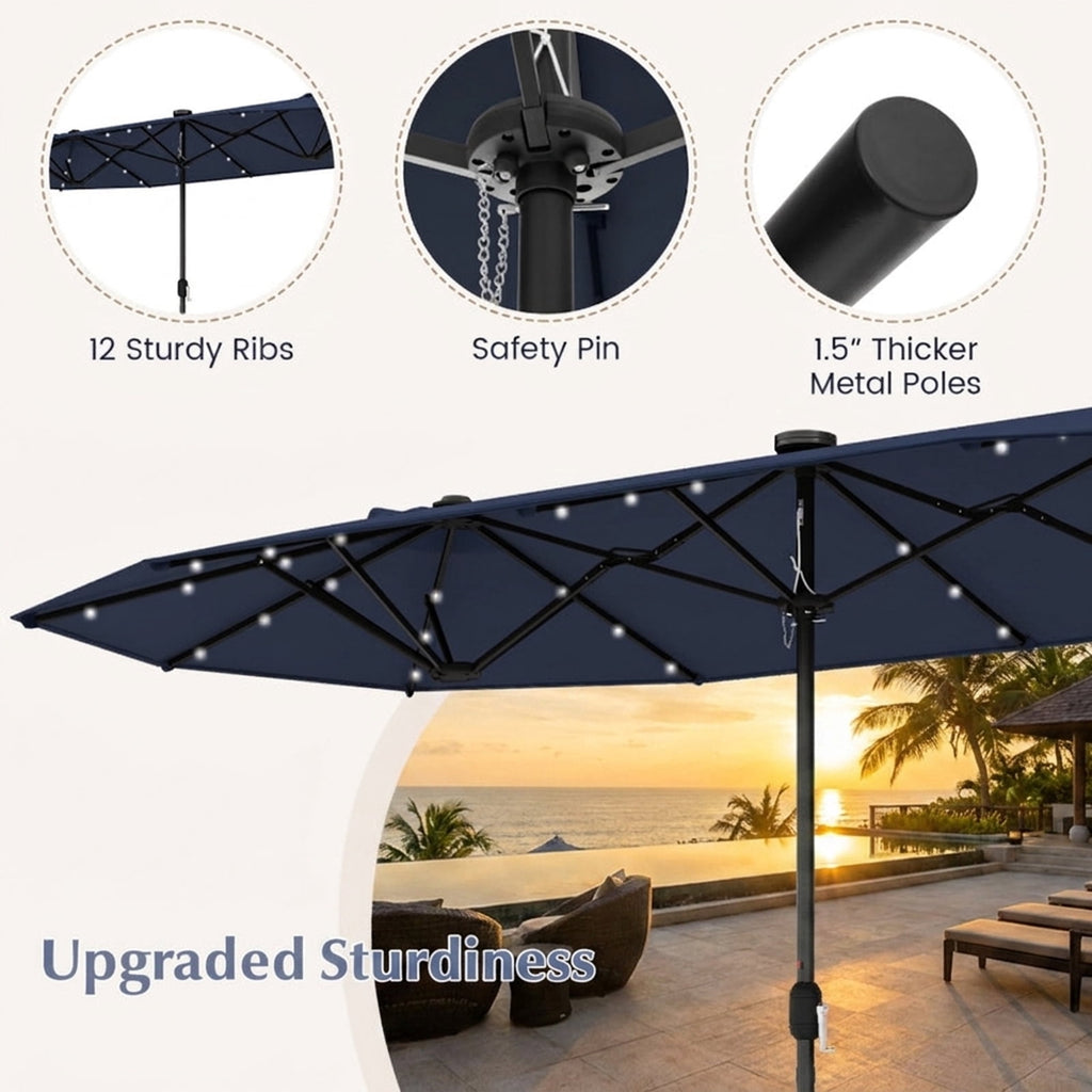 Biotree 13 ft Double-Sided Twin Patio Umbrella Solar Powered Outdoor Shade - Blue - UV Protection with Cross Base