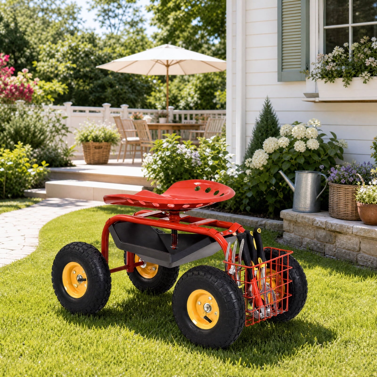 Biotree Rolling Garden Cart with Seat, 360¡ãSwivel Seat Adjustable Height,330lbs Load Capacity, Wagon Scooter with Storage Bracket and Tool Tray, Suitable for Patio Yard, Red