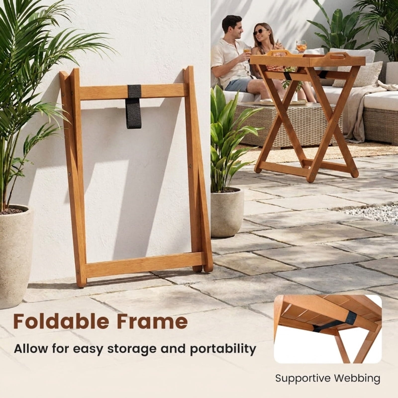 Biotree Outdoor Wood Tray Table Portable Side End Table with Folding Frame, Natural