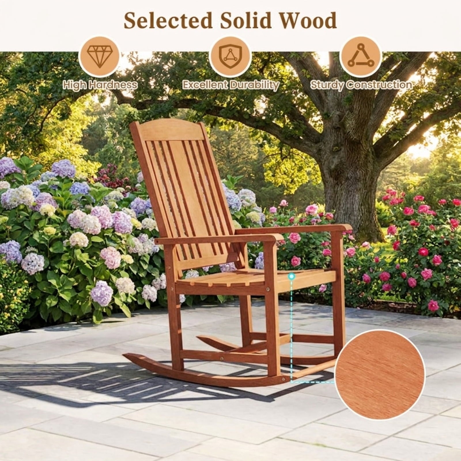Biotree Outdoor Rocking Chair Solid Wood High Back Rocker with Slatted Seat Stackable Patio Chair for Garden BackyardNatural