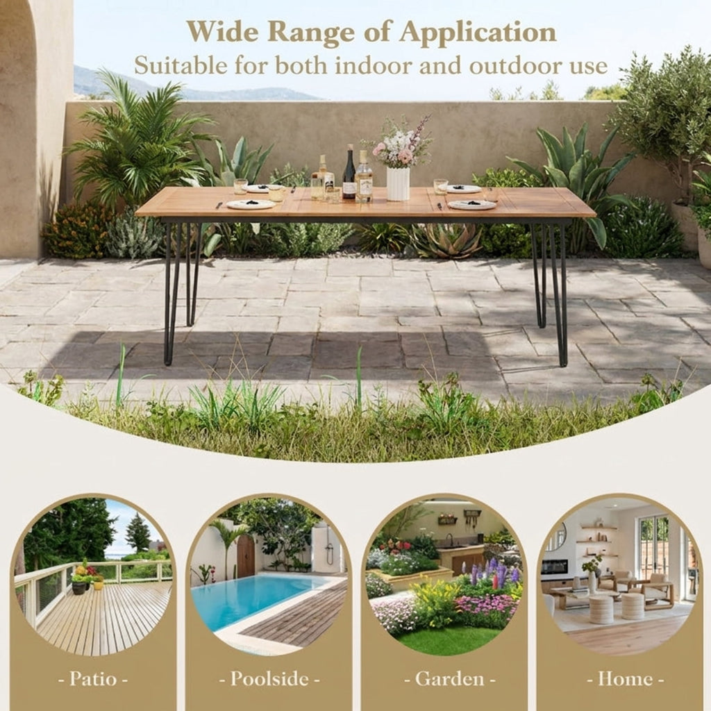 Biotree 86.5 Inch Rectangular Patio Dining Table for 8 with Acacia Wood Tabletop and Umbrella Hole-86.5 inches, Natural