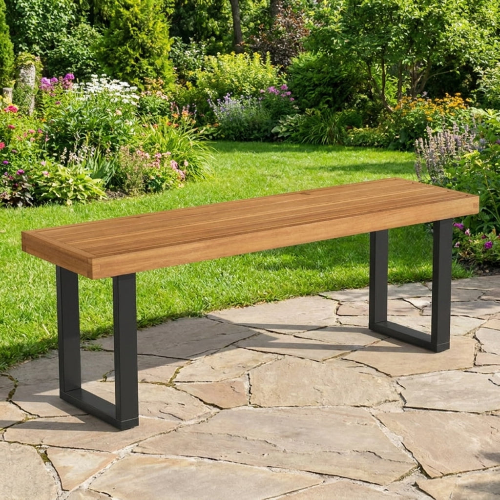 Biotree Acacia Wood Outdoor Bench 48 Inch Long Patio Dining Bench-1 Piece Stackable Patio Chair for Garden BackyardNatural+Black
