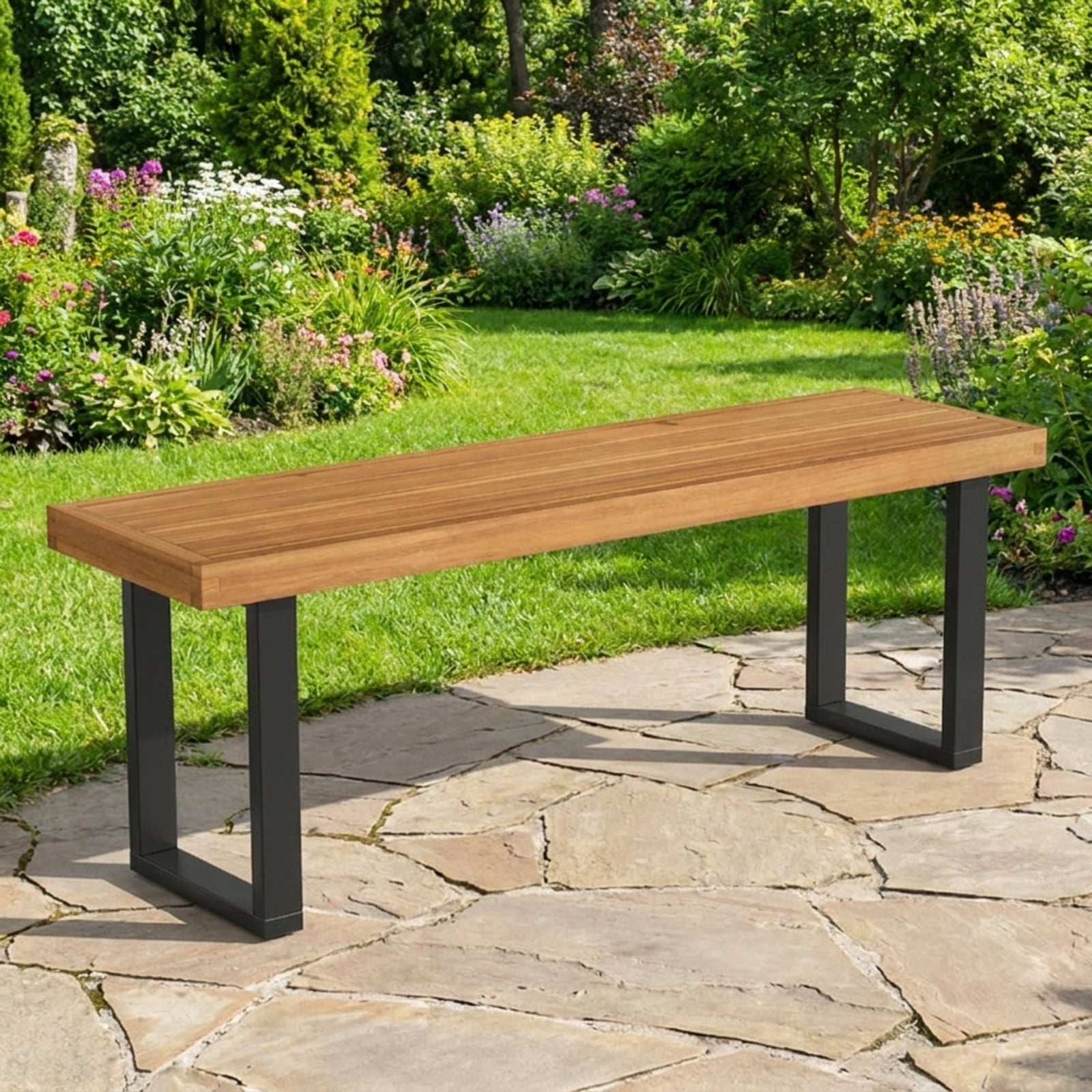 Biotree Acacia Wood Outdoor Bench 48 Inch Long Patio Dining Bench-1 Piece Stackable Patio Chair for Garden BackyardNatural+Black