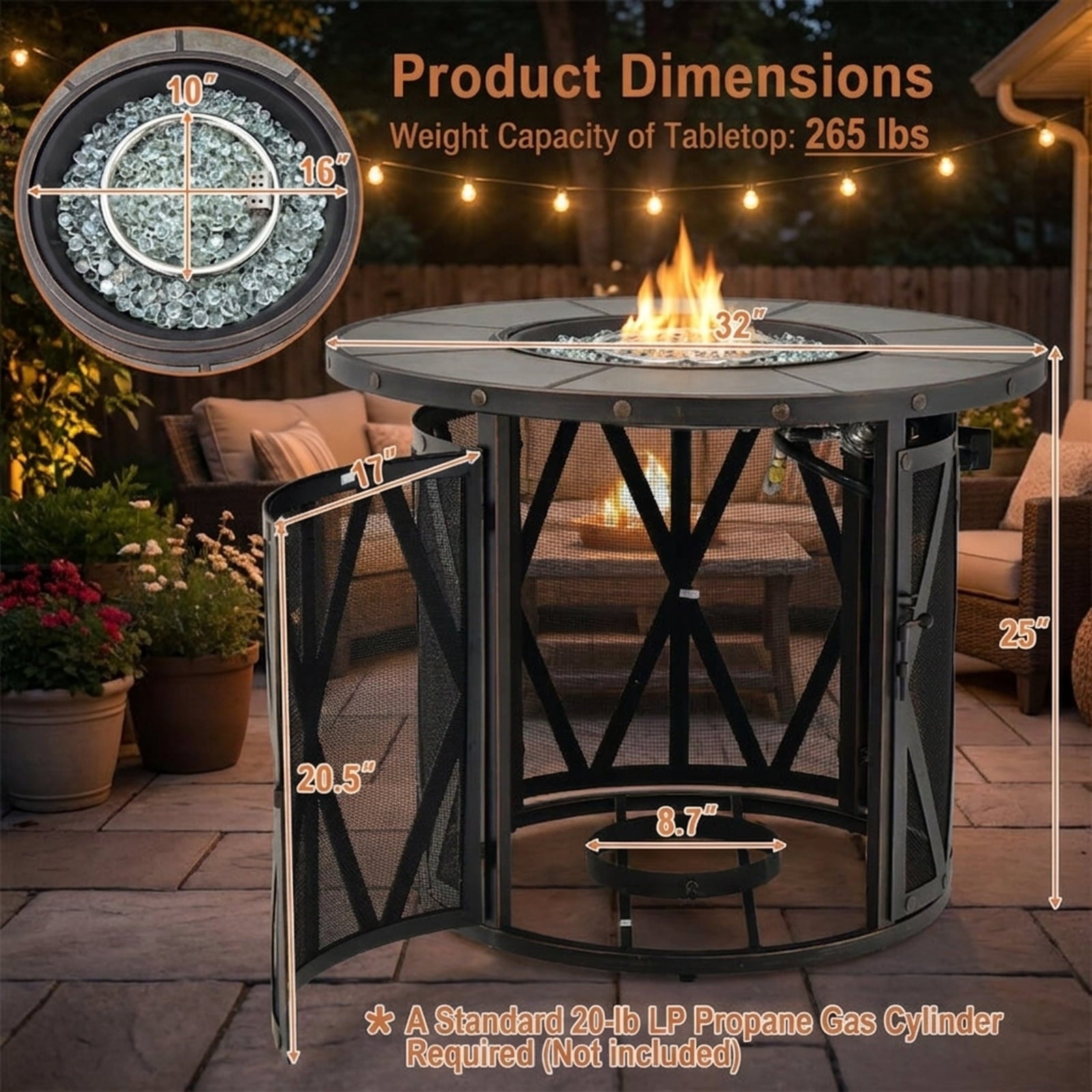 Biotree 32 Inch 30000BTU Fire Pit Table with Fire Glasses and PVC Cover for Outdoor Patio Backyard Garden Camping, Black Gray