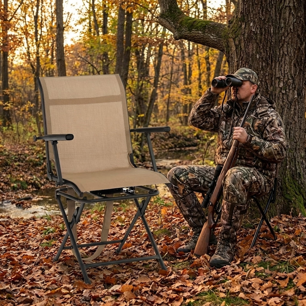 Biotree Folding 360 Degree Swivel Camping Stool with Detachable Backrest and Adjustable Height Tripod Hunting Chair, Camouflage