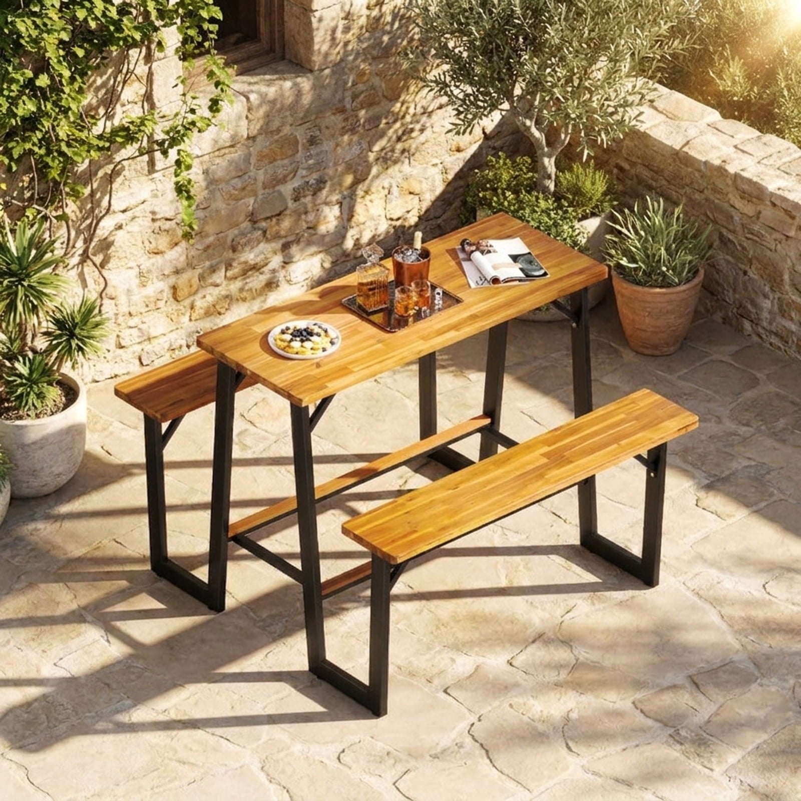 Biotree Patio Picnic Table Bench Set with Acacia Wood Tabletop and Benchtop, Black