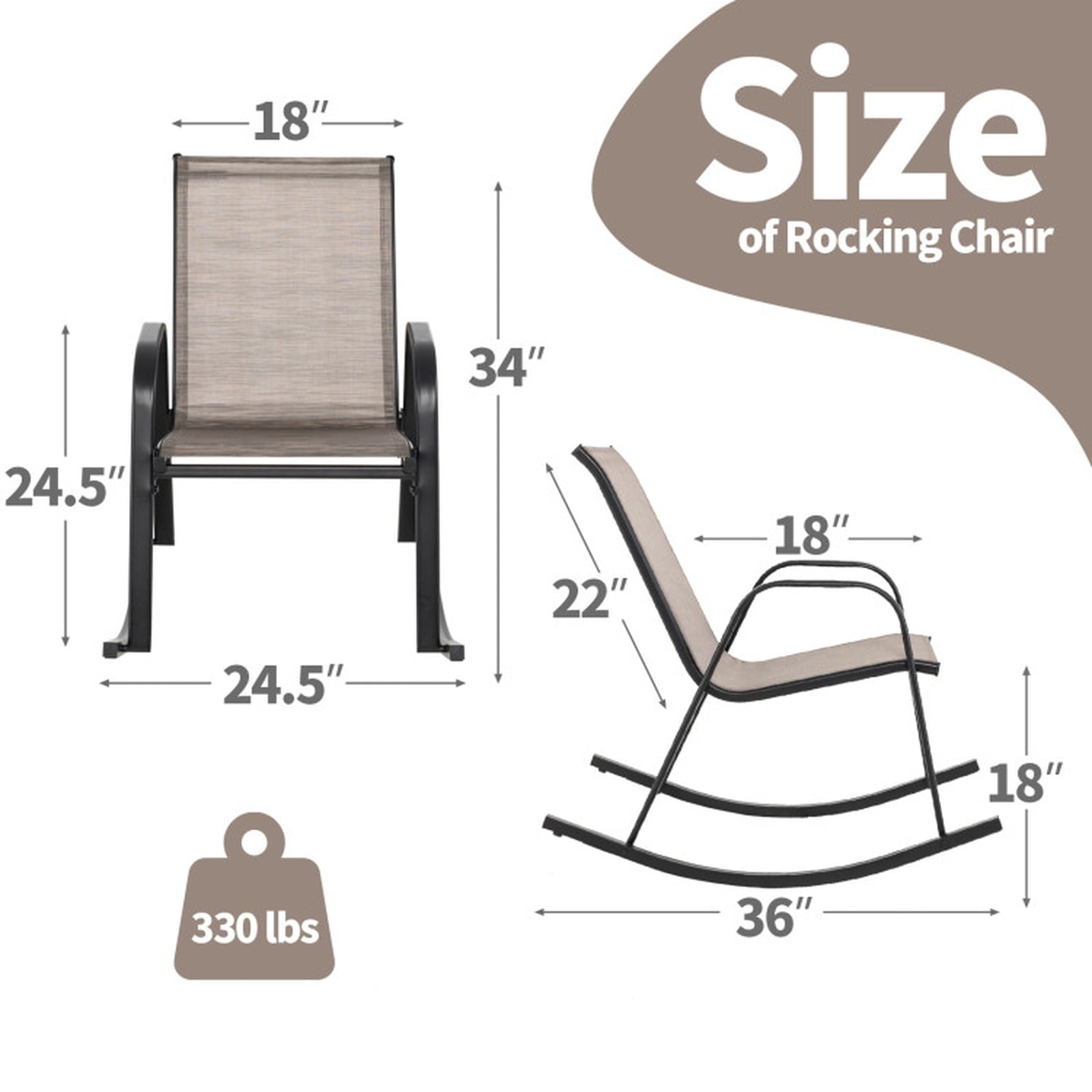 Biotree Set of 2 Heavy-Duty Metal Patio Rocking Chair with Breathable Seat Fabric Stackable Patio Chair for Garden BackyardBrown
