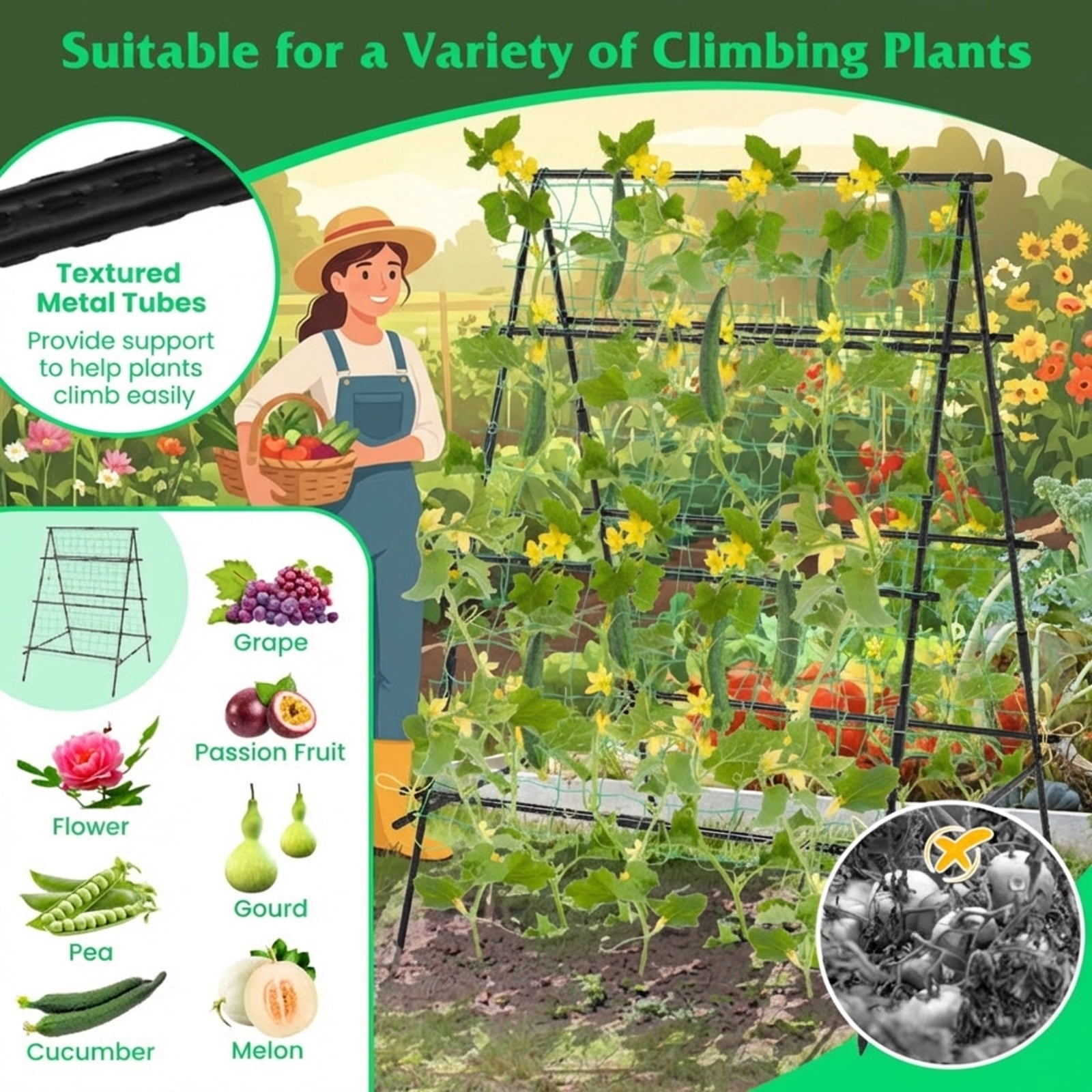Biotree A-Frame Garden Cucumber and Vegetable Trellis with Climbing Netting for Outdoor Garden - Black