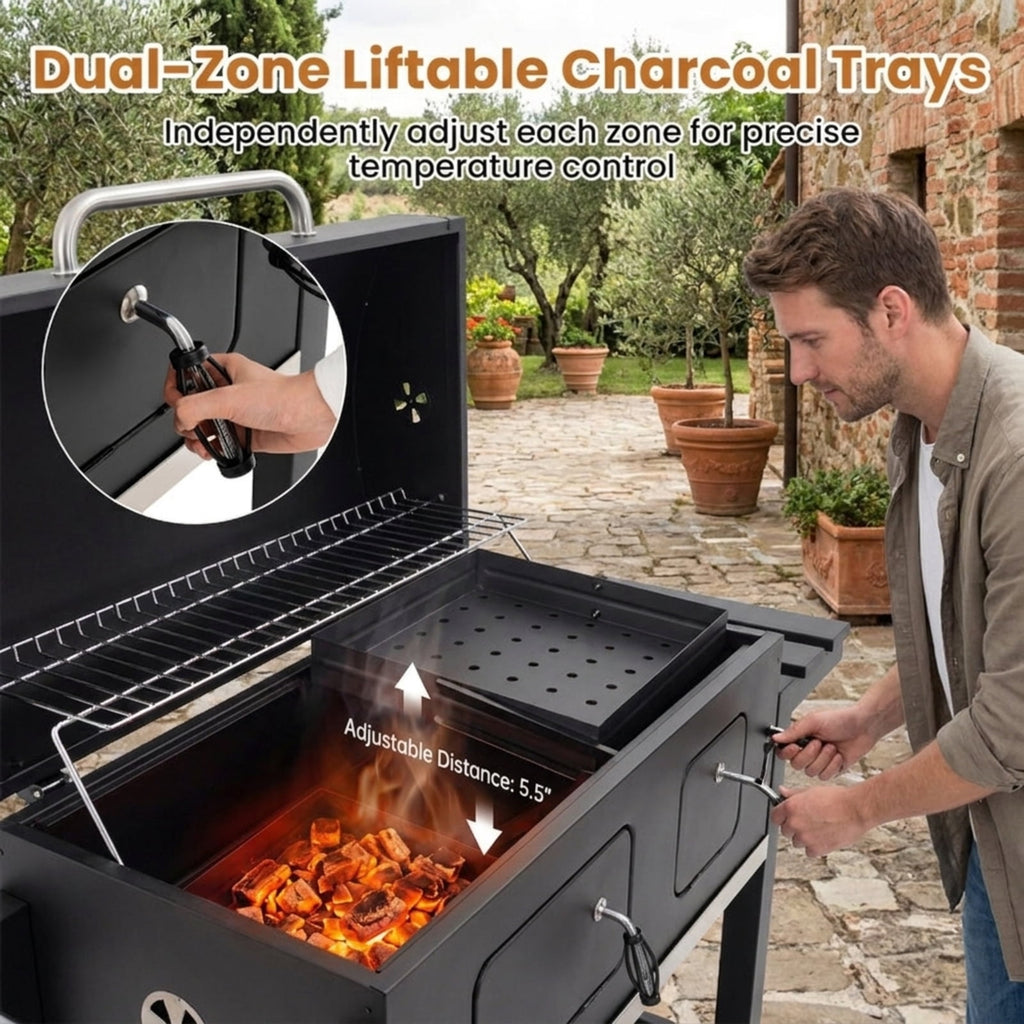 Biotree 780 SQIN Large Charcoal Grill, Outdoor BBQ Grill with Adjustable Charcoal Trays, Protective Cover, Folding Side Tables - Wheels, Portable Charcoal Cooker for Backyard Patio Camping Black