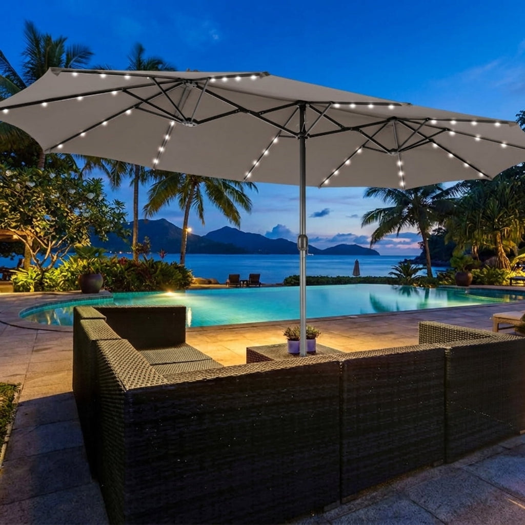 Biotree 15 ft Double-Sided Twin Patio Umbrella 48 LED Lights Outdoor Shade - Gray - UV Protection with Cross Base