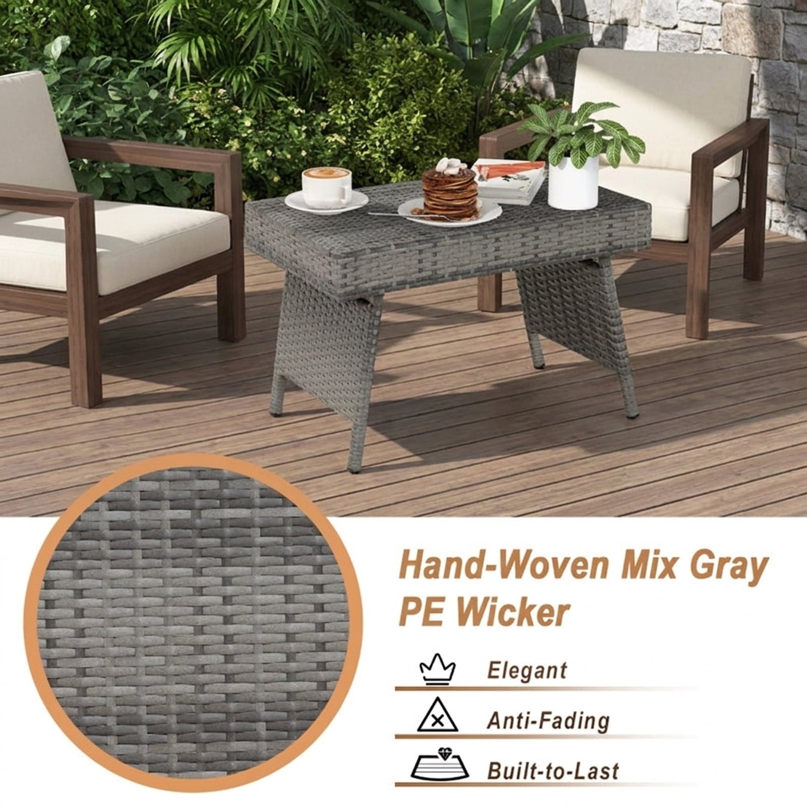 Biotree Folding PE Rattan Side Coffee Table Patio Garden Furniture, Gray