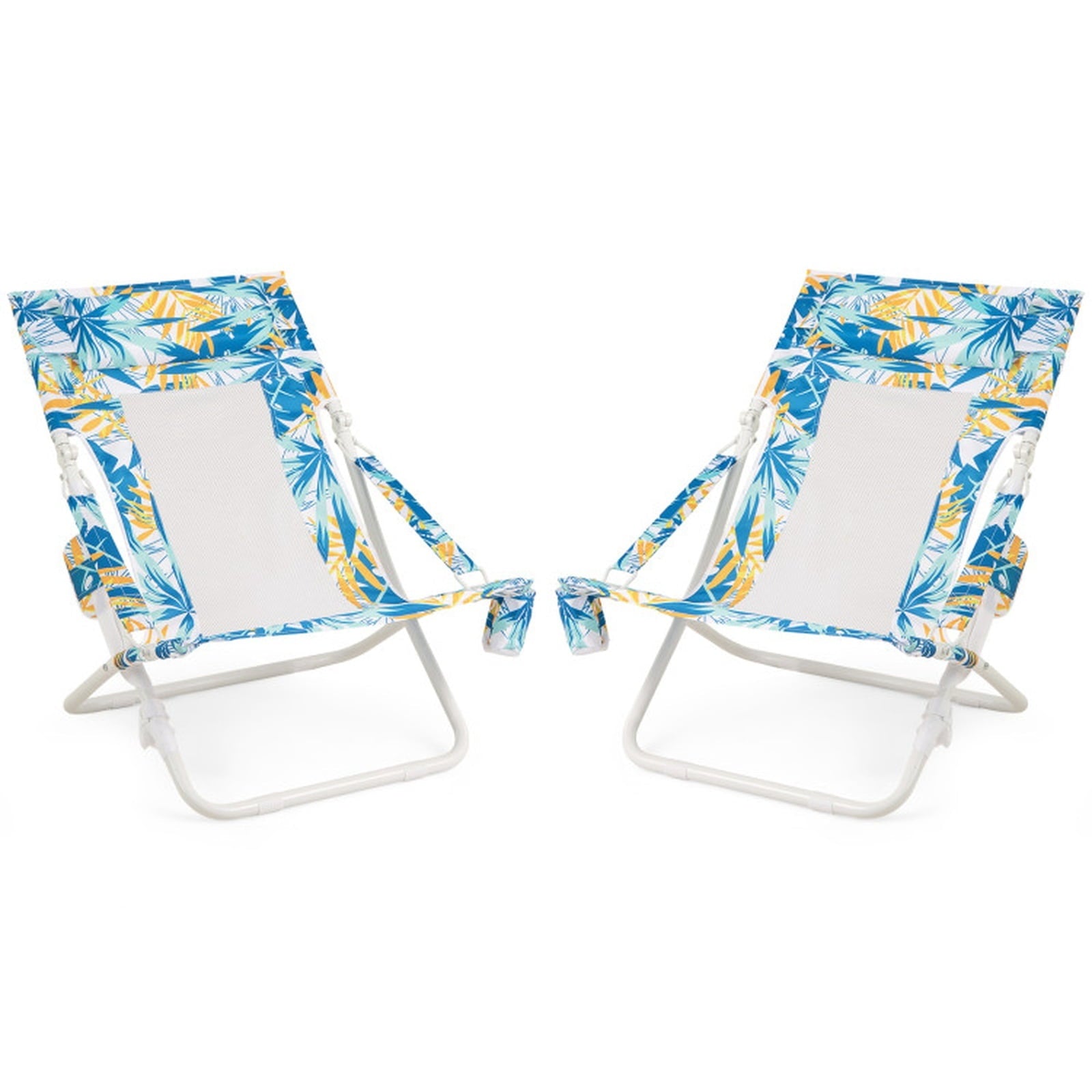 Biotree Folding Low Beach Chair Set of 2 Patio Sling Chairs with Padded Head Pillow Stackable Patio Chair for Garden BackyardBlue