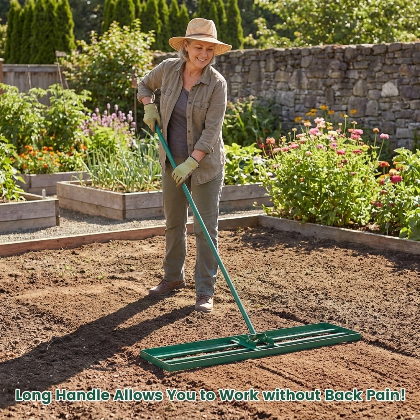 Biotree 42 x 10 Inch Lawn Leveling Rake with Ergonomic Handle for Lawn Garden Yard Soil Care, Green