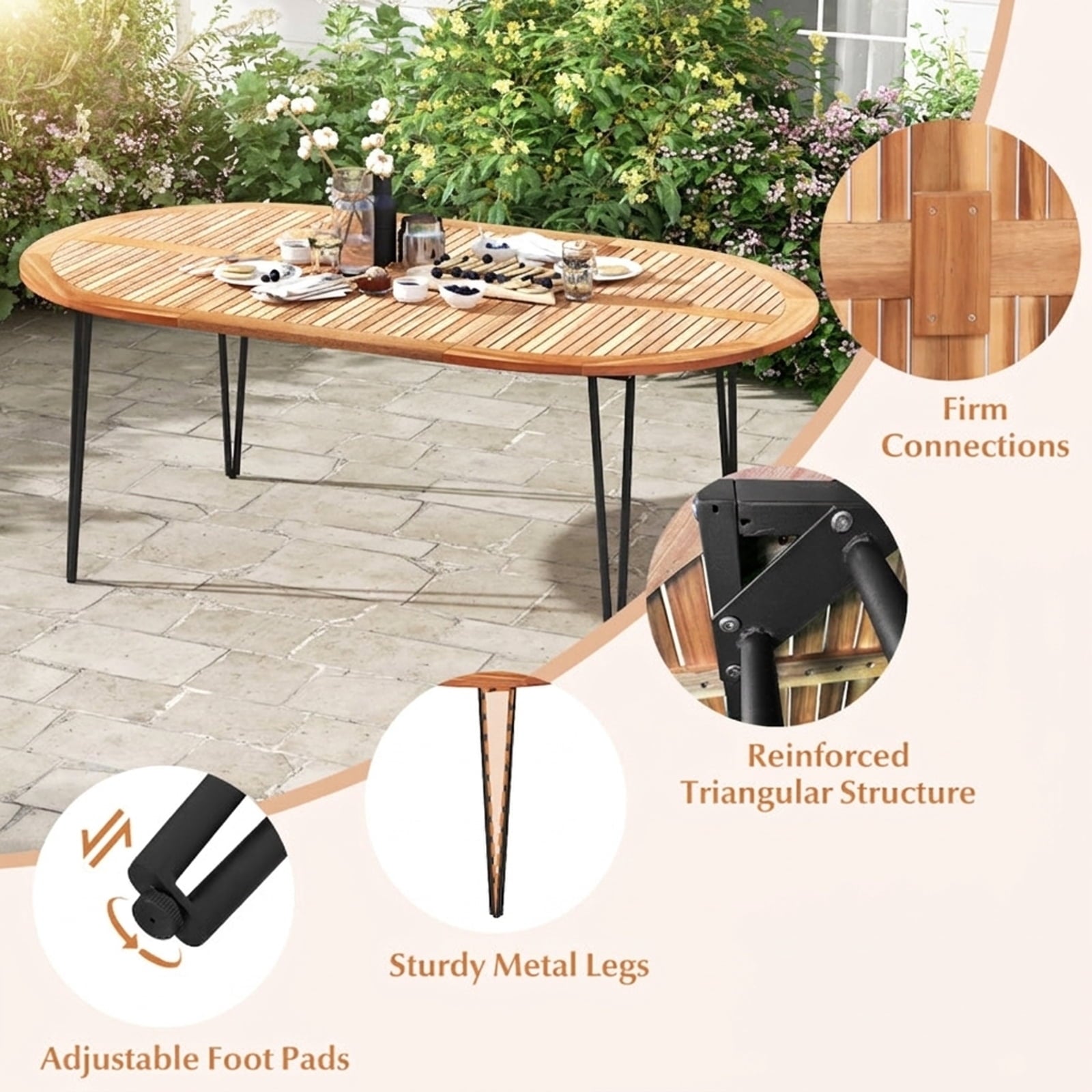 Biotree 79 Inch Oval Patio Dining Table with Umbrella Hole and Acacia Wood Tabletop for 8 People, Natural