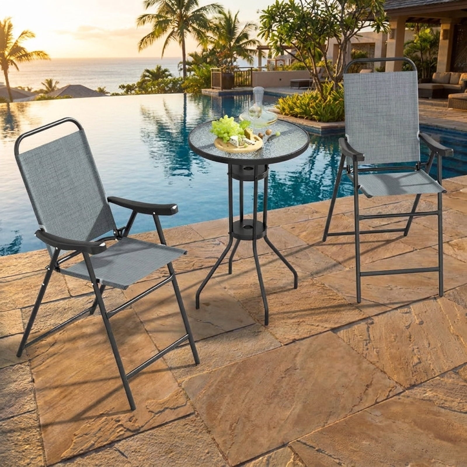 Biotree Set of 2 Patio Folding Bar Stools with Metal Frame and Footrest, Blue - Outdoor Patio Bar Height Chair with Footrest