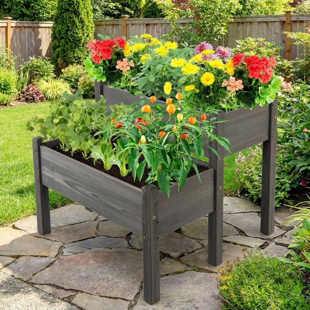 Biotree 2 Tier Wooden Raised Garden Bed with Legs Drain Holes, 34x33.5x28.5 Inch Stacked Fir Wood Elevated Planter Box for Vegetables Flowers Herbs, Gray