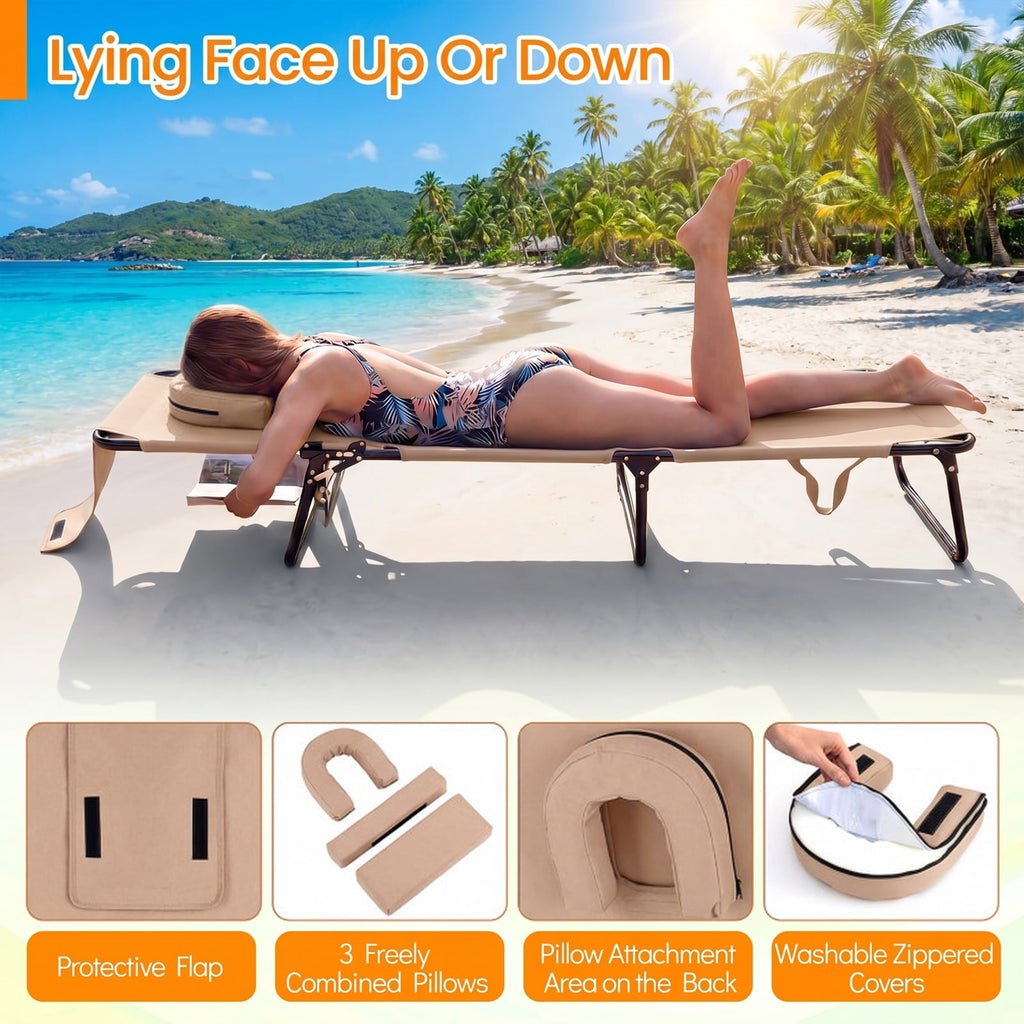 Biotree Beach Chaise Lounge Chair with Face Hole and Removable Pillow Stackable Patio Chair for Garden BackyardBeige