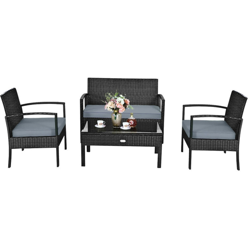 Biotree 4 Pieces Patio Rattan Cushioned Furniture Set Outdoor Conversation Set for Garden Backyard PorchGray