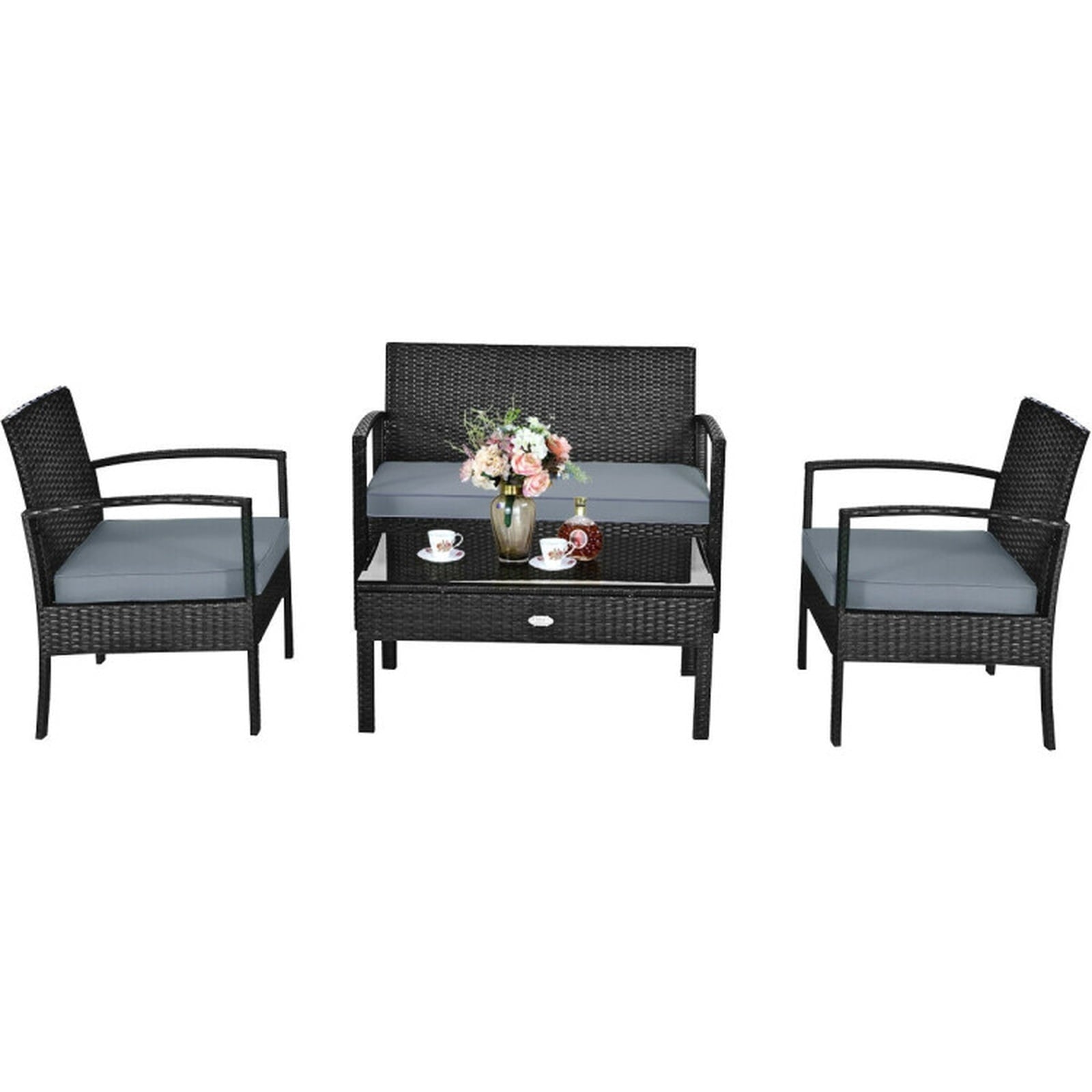 Biotree 4 Pieces Patio Rattan Cushioned Furniture Set Outdoor Conversation Set for Garden Backyard PorchGray