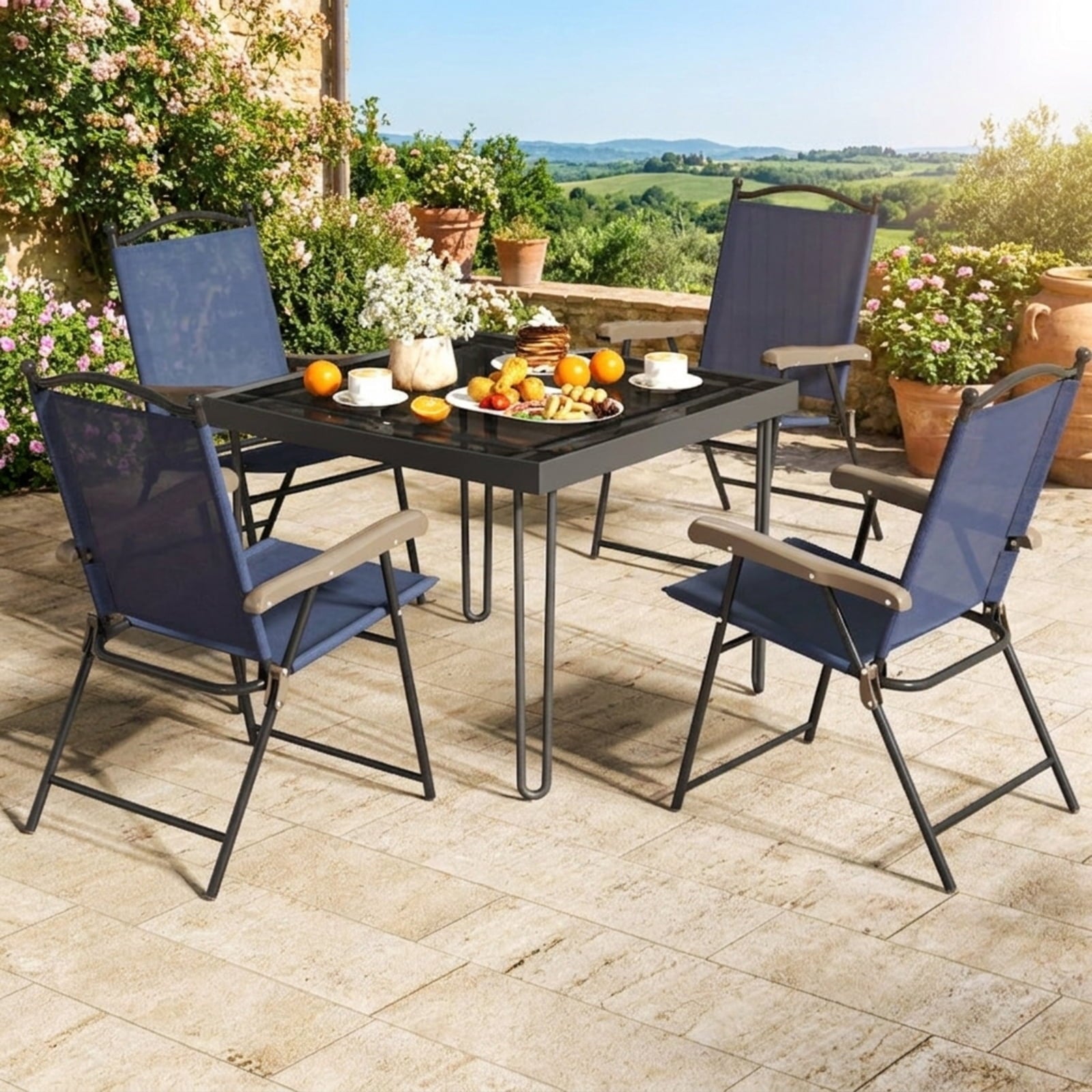 Biotree Set of 2 Patio Folding Sling Back Camping Deck Chairs Stackable Patio Chair for Garden BackyardNavy