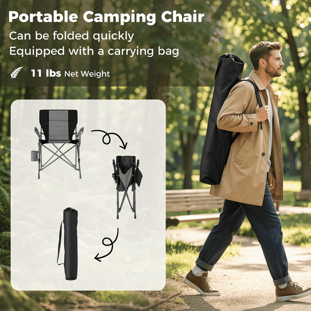 Biotree Lightweight Portable Folding Camp Chair with Cup Holder and Side Pocket Heavy Duty 350 lb Capacity Outdoor Chair, Gray