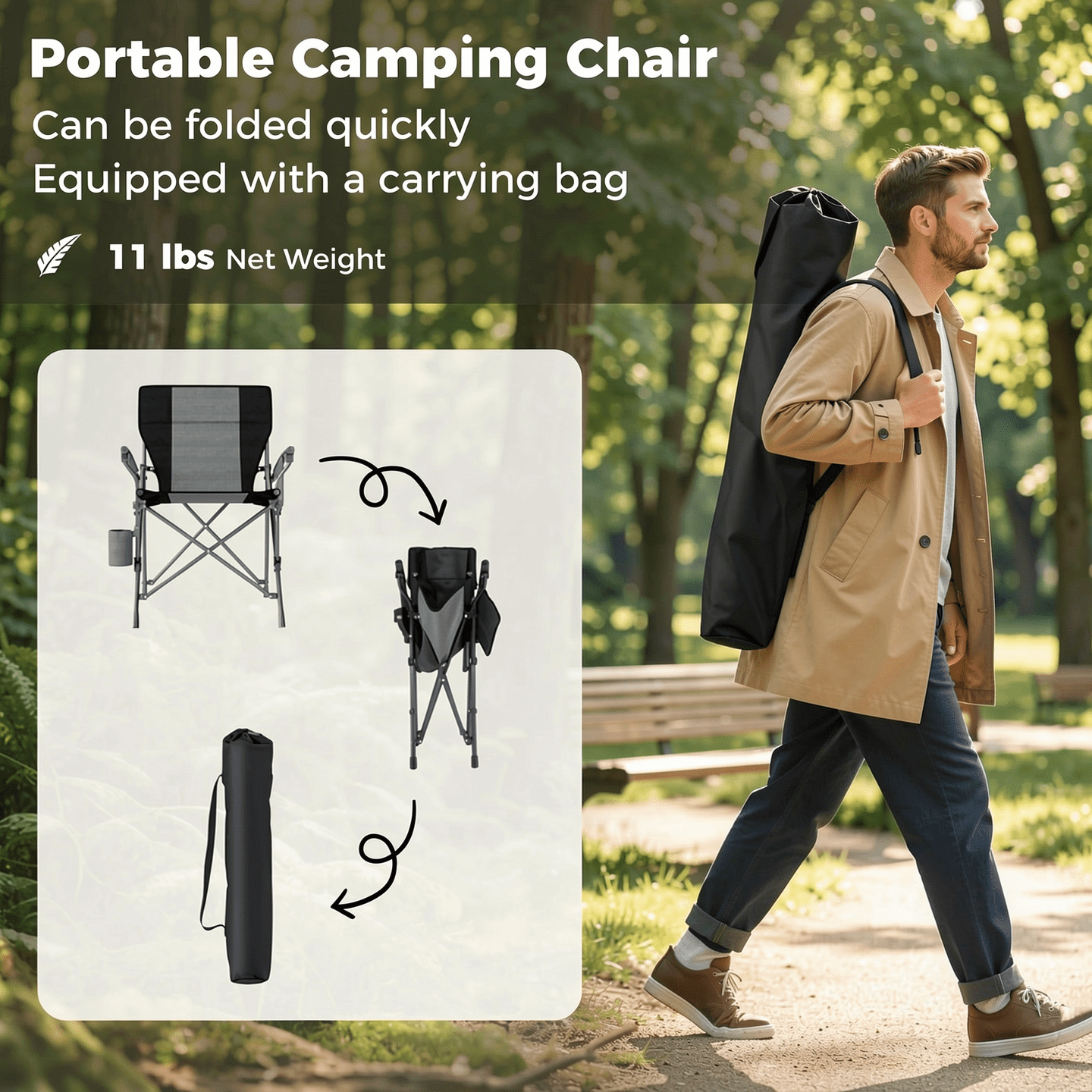 Biotree Lightweight Portable Folding Camp Chair with Cup Holder and Side Pocket Heavy Duty 350 lb Capacity Outdoor Chair, Gray