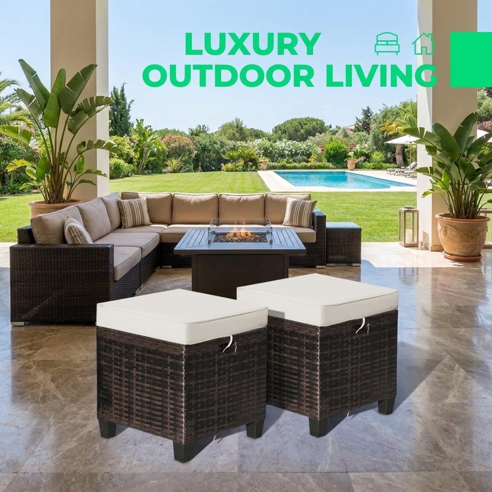 Biotree 2 Pieces Patio Rattan Ottoman Set with Removable Cushions Stackable Patio Chair for Garden BackyardBeige