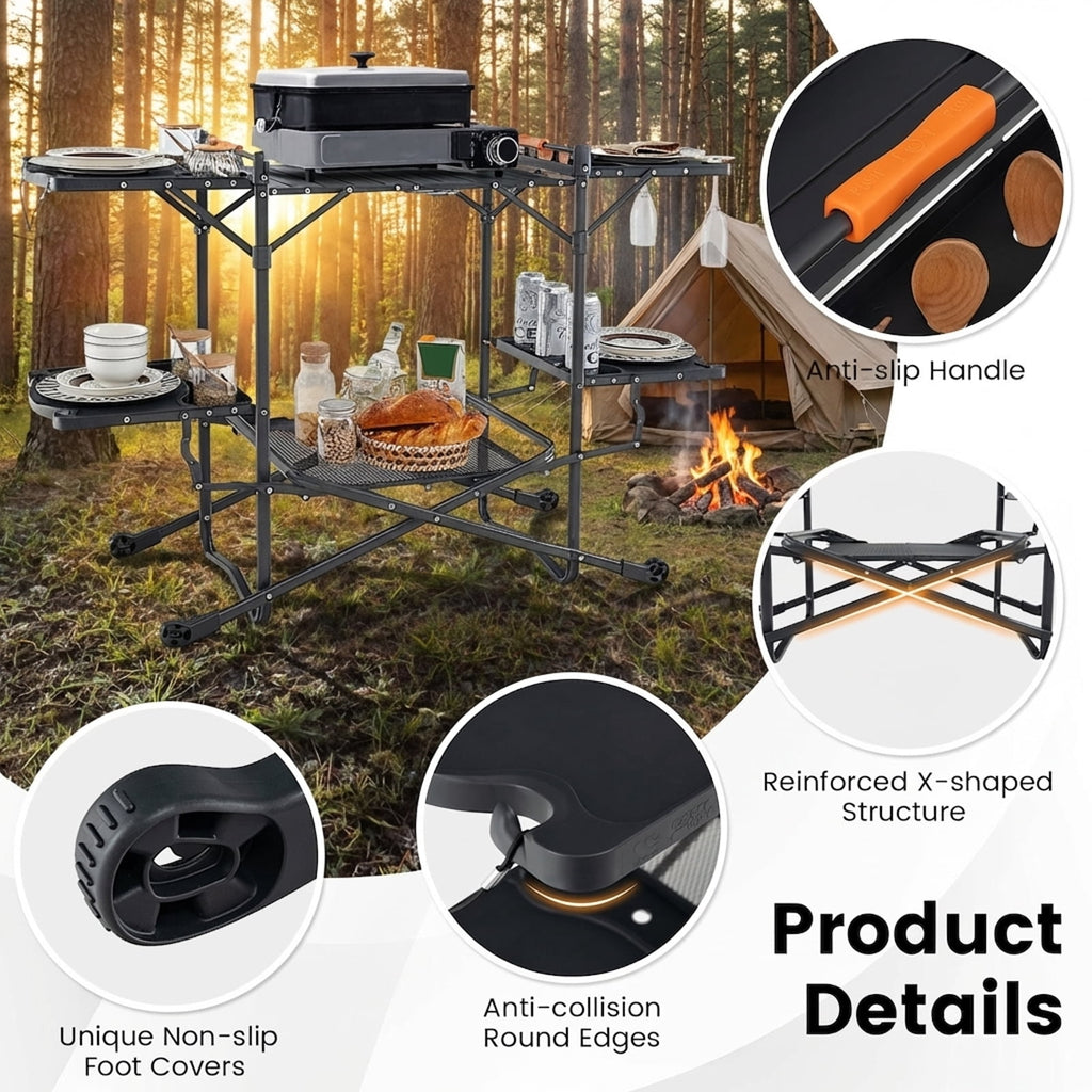 Biotree Folding Portable Outdoor Cook Station with Heat-Resistant Aluminum Tabletop Camp Kitchen Table with Storage, Black