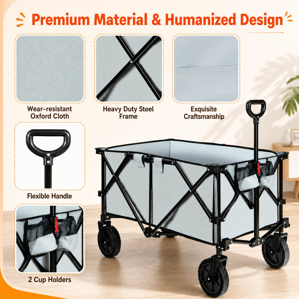 Biotree Collapsible Garden Wagon with 180 lb Capacity, Adjustable Handle, All-Terrain Wheels and Carry Bag for Camping and Shopping, Gray