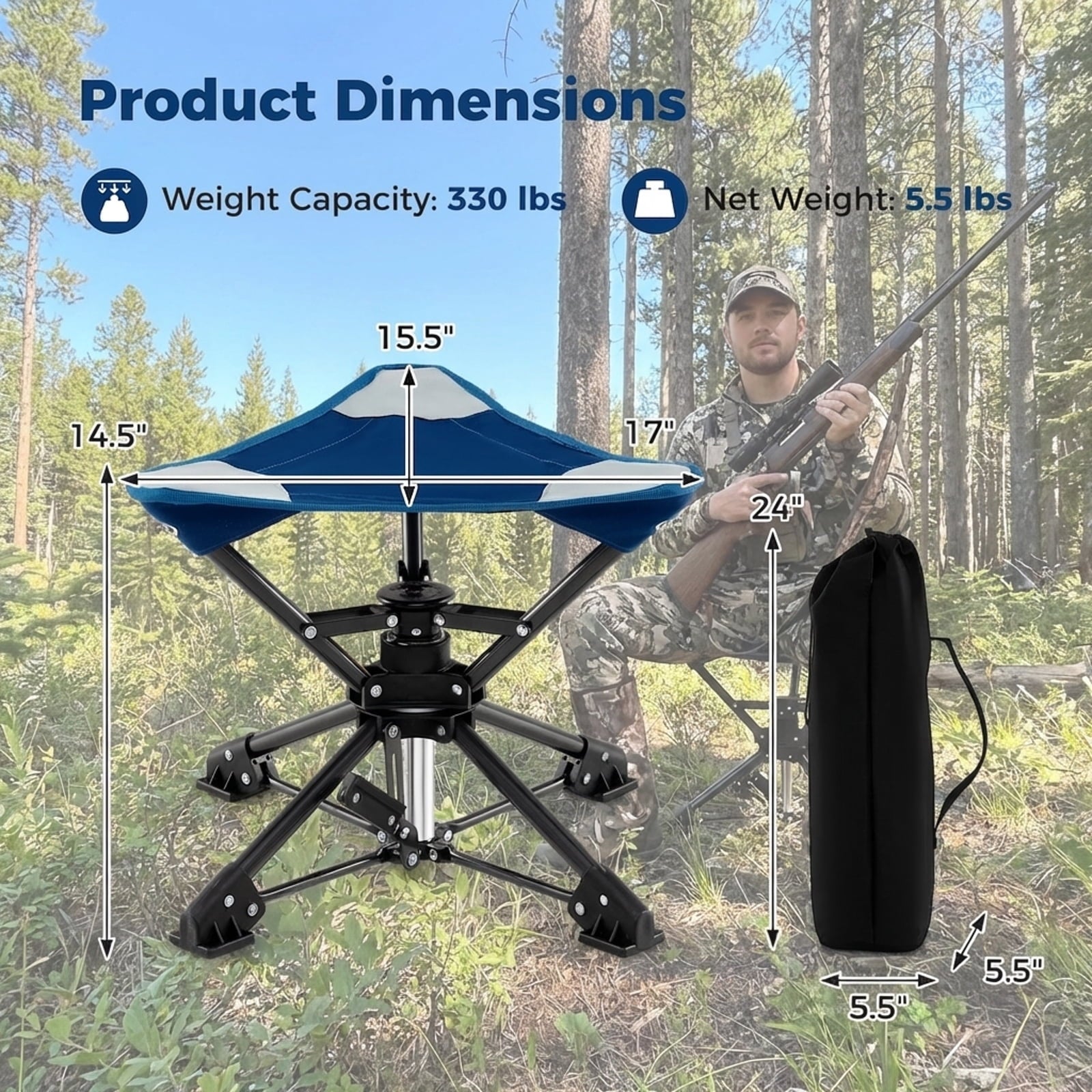 Biotree Folding 360 Degree Swivel Camping Stool with Anti-Sink Feet Portable Hunting Chair with Carry Bag for Outdoor, Blue