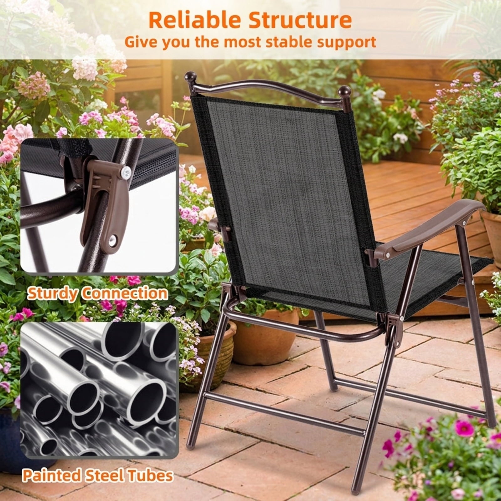 Biotree Set of 2 Patio Folding Sling Back Camping Deck Chairs Stackable Patio Chair for Garden BackyardBrown
