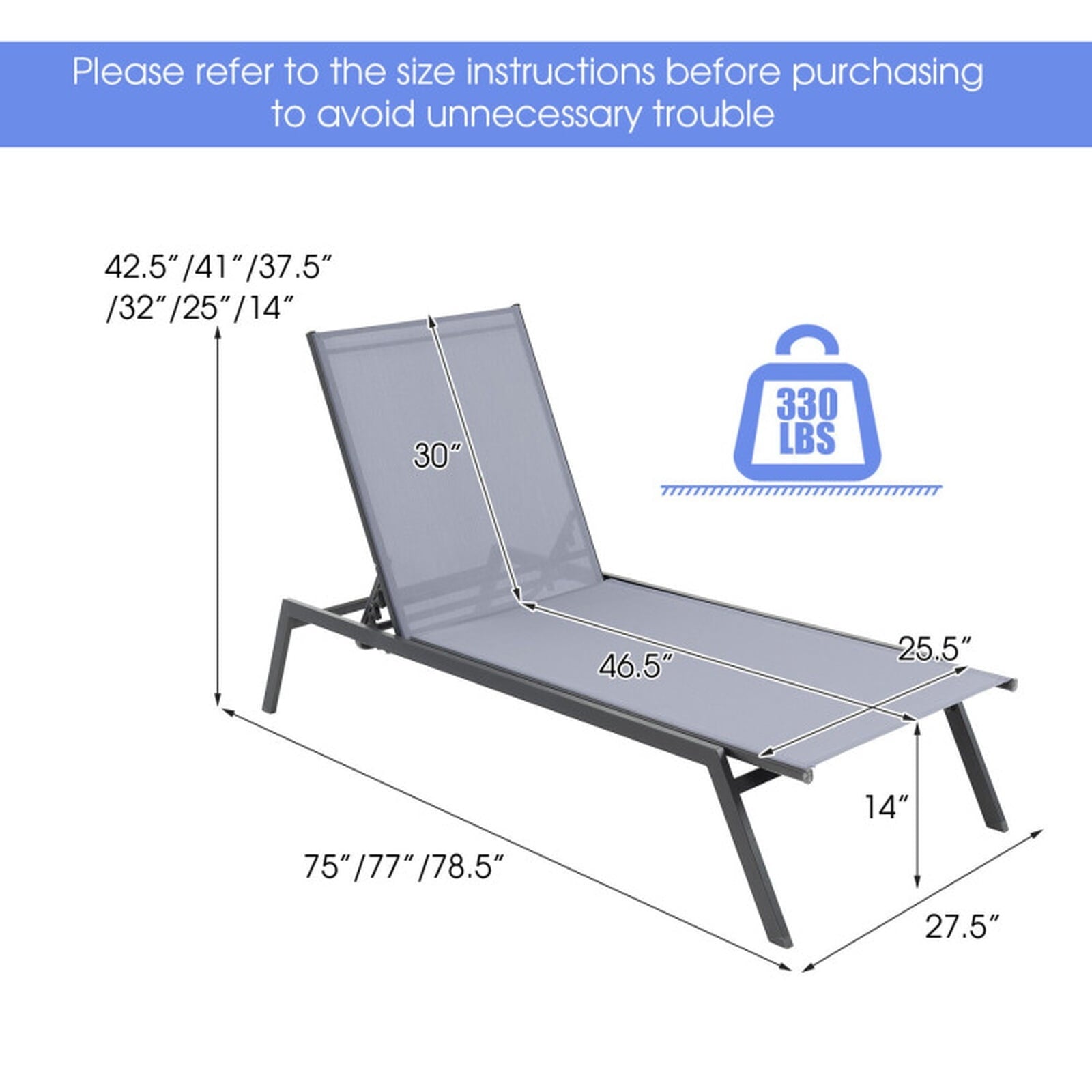 Biotree Outdoor Adjustable Chaise Lounge Chair with Lay Flat Position and Quick-Drying Fabric Stackable Patio Chair for Garden BackyardGrey