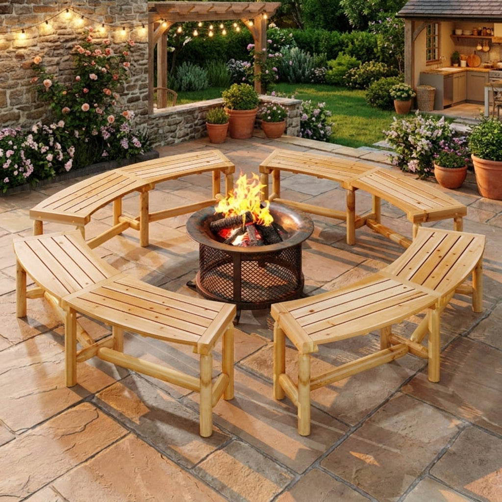 Biotree Patio Curved Bench Solid Wood Fire Pit Bench Outdoor Backless Loveseat Stackable Patio Chair for Garden BackyardNatural