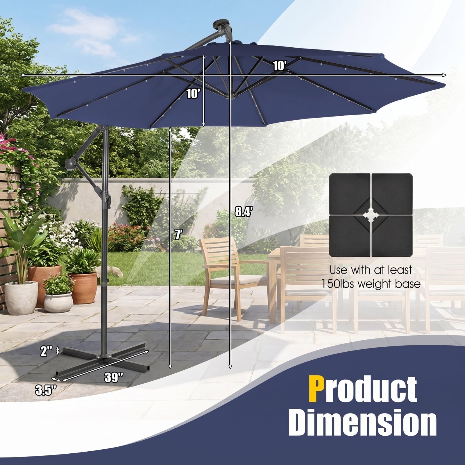 Biotree 10 ft Cantilever Offset Patio Umbrella Solar Powered Outdoor Shade - Blue - UV Protection with Cross Base