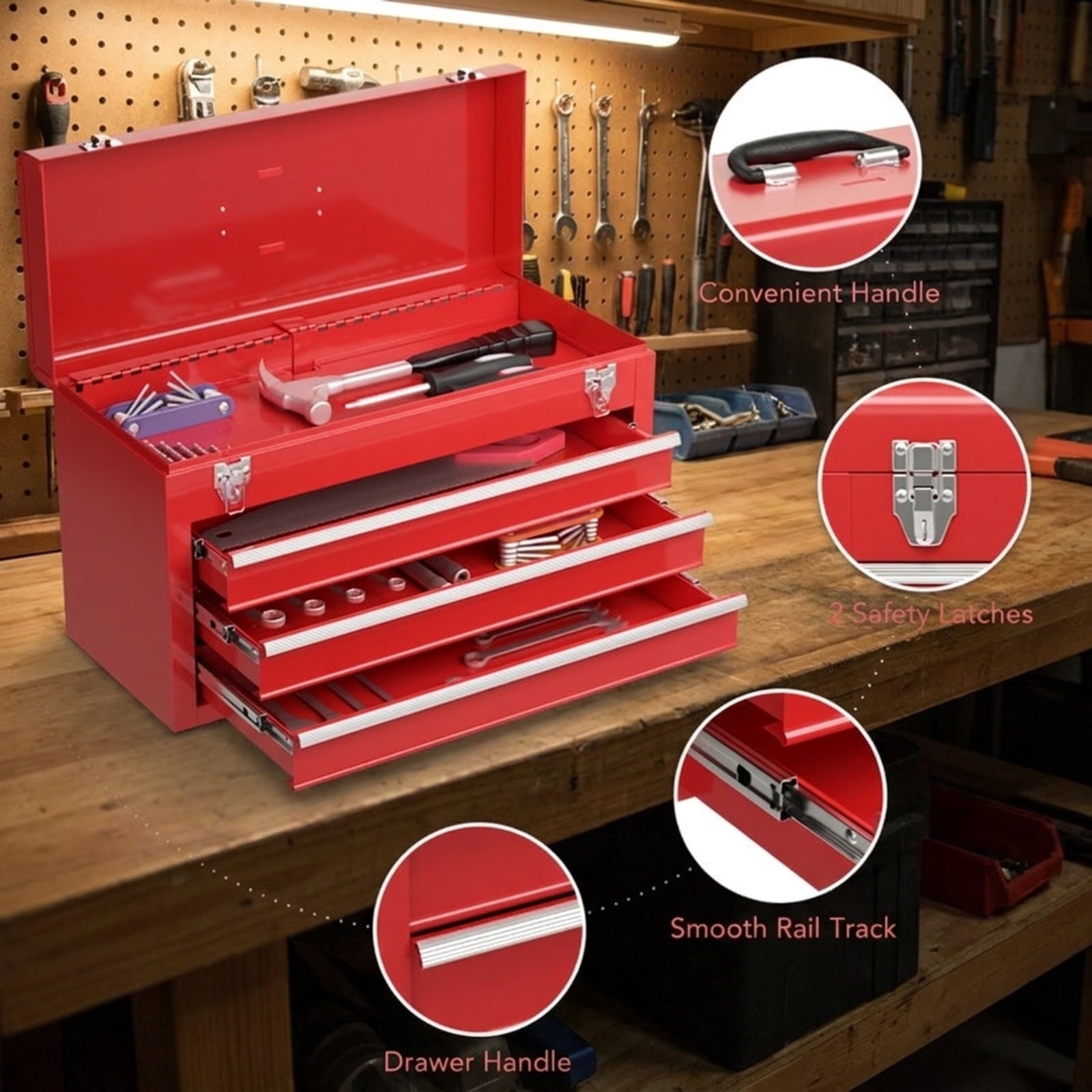 Biotree Portable Garage Mechanic Tool Cabinet Box with 3 Drawers Outdoor Waterproof for Patio Deck Garden Cushions, Red