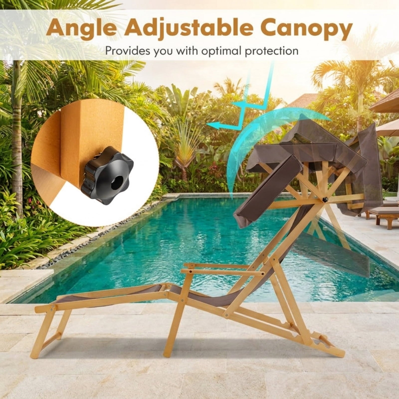 Biotree Birch Wood Chaise Lounge Chair Foldable Beach Chair with Adjustable Canopy Stackable Patio Chair for Garden BackyardBrown