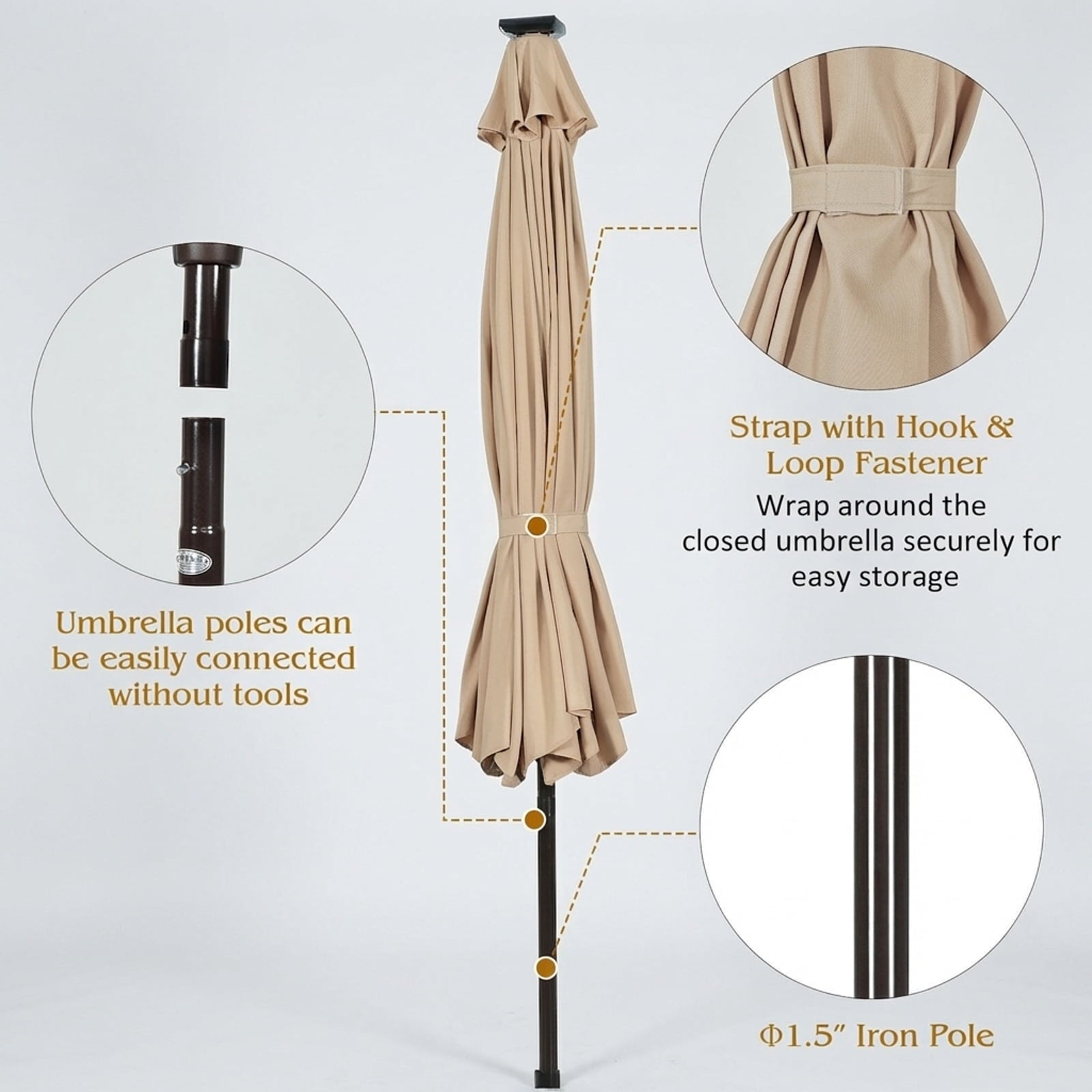 Biotree 10 Solar LED Lighted Patio Market Umbrella Shade Tilt Adjustment Crank-Beige Outdoor Backyard