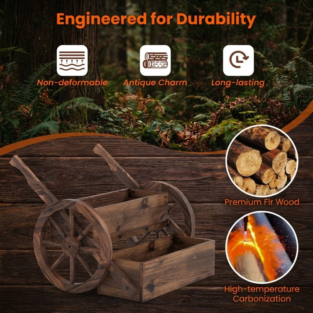 Biotree Rustic Wood Wagon Planter 2-Tier Versatile Raised Garden Bed with Wheels-Brown - Outdoor Backyard Patio Garden Planting