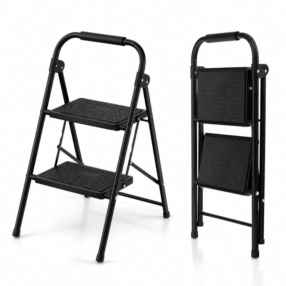 Biotree 2-Step Folding Step Ladder with 330 lb Capacity, Wide Anti-Slip Pedals and Padded Handrail for Kitchen, Home and Garage, Black