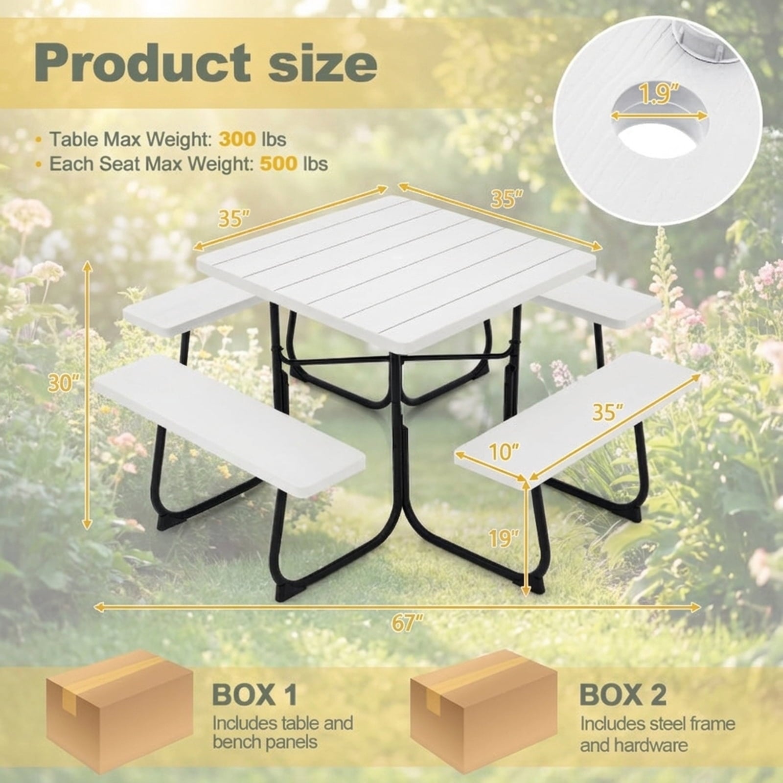 Biotree 67-Inch Outdoor Picnic Table with 4 Benches and Umbrella Hole, White