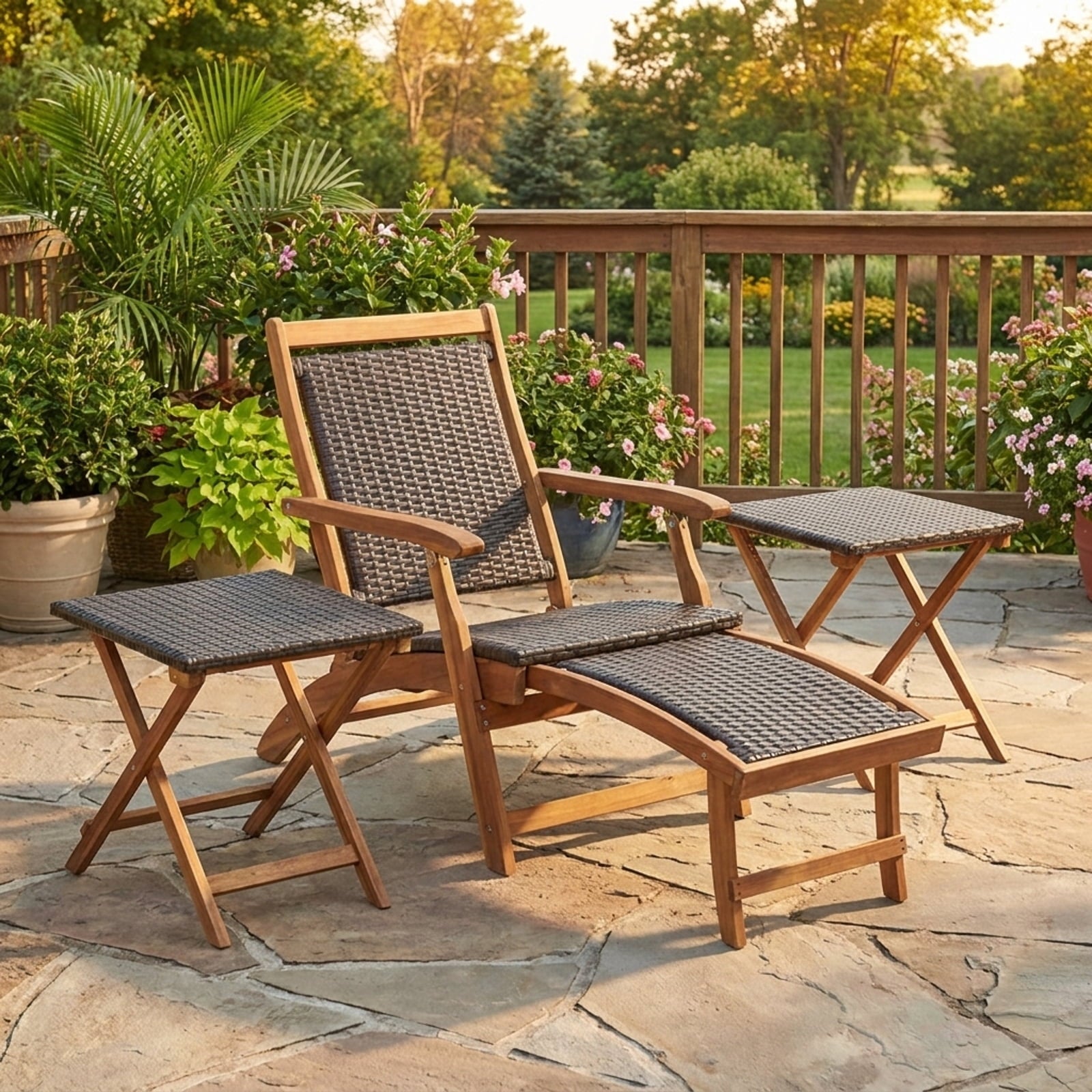 Biotree 2 Pieces Patio Rattan Folding Lounge Chair with Acacia Wood Table Stackable Patio Chair for Garden BackyardMix Brown
