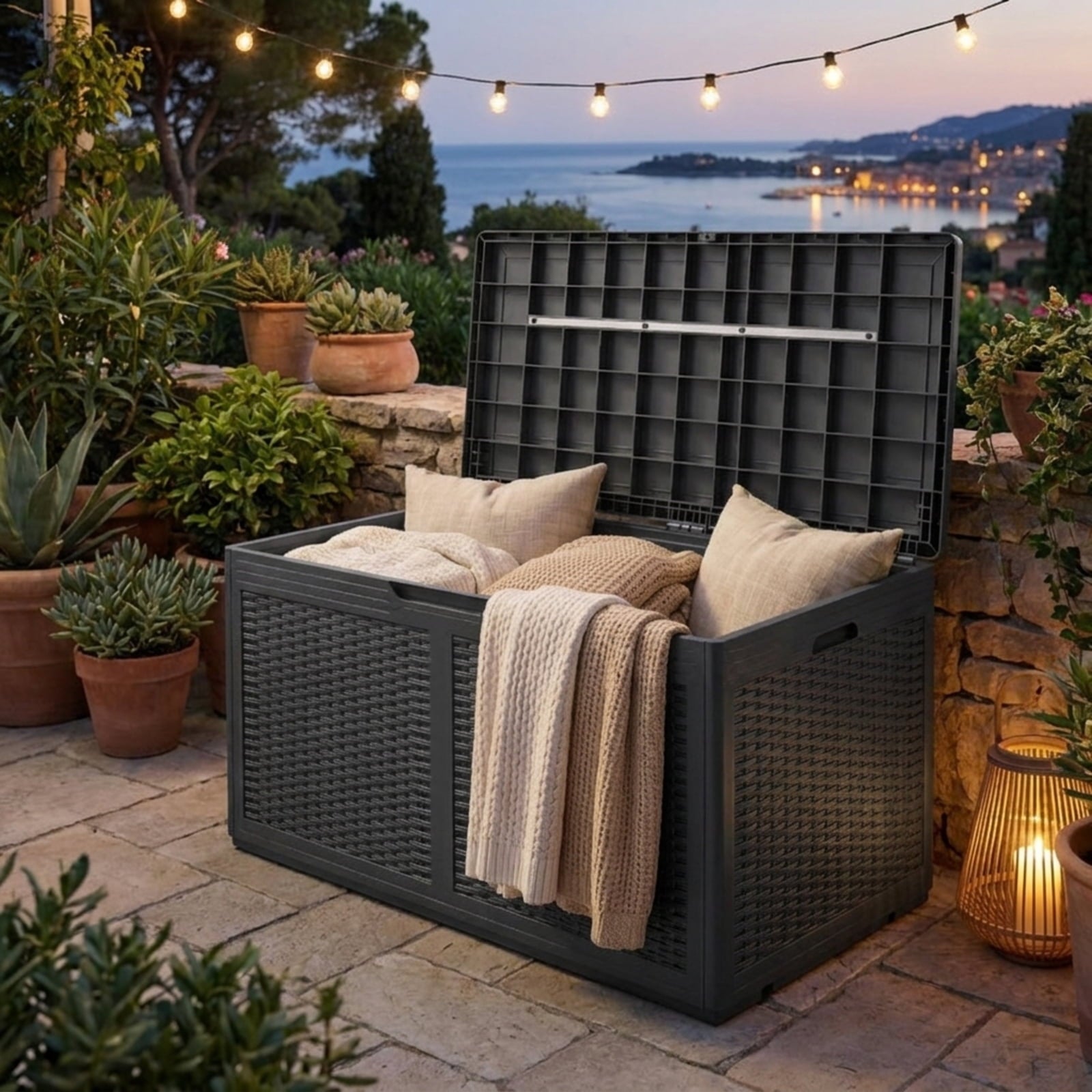 Biotree 100 Gallon Resin Deck Box Outdoor Waterproof Storage Bench Outdoor Waterproof for Patio Deck Garden Cushions, Gray