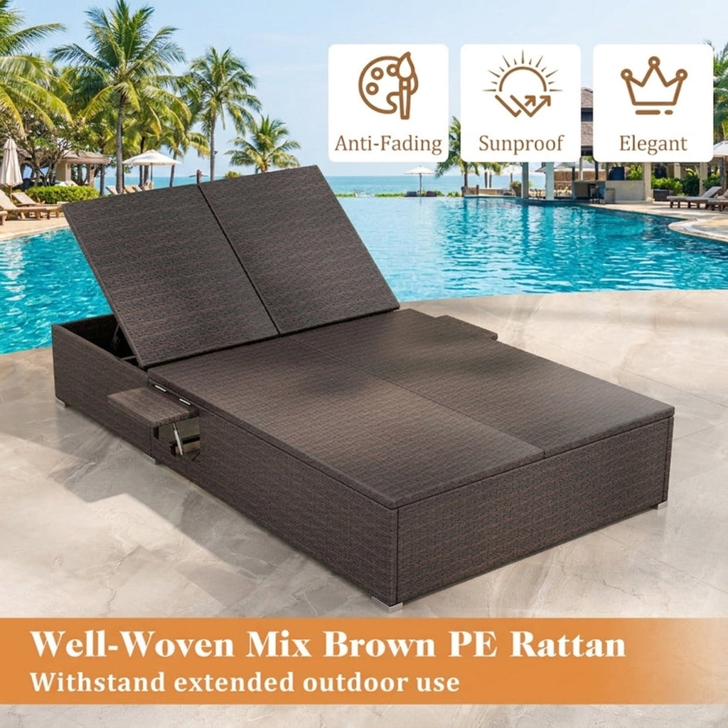 Biotree Patio Double Chaise Lounge with Cushions and Folding Side Trays Stackable Patio Chair for Garden BackyardBeige