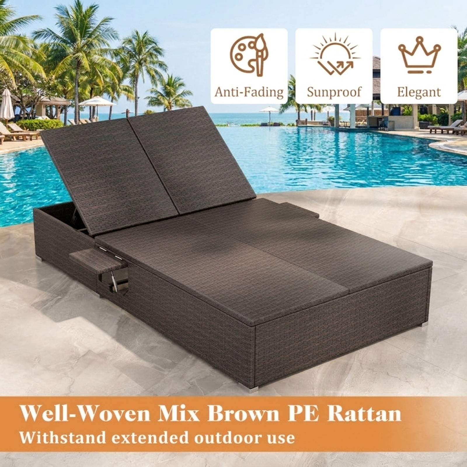 Biotree Patio Double Chaise Lounge with Cushions and Folding Side Trays Stackable Patio Chair for Garden BackyardBeige