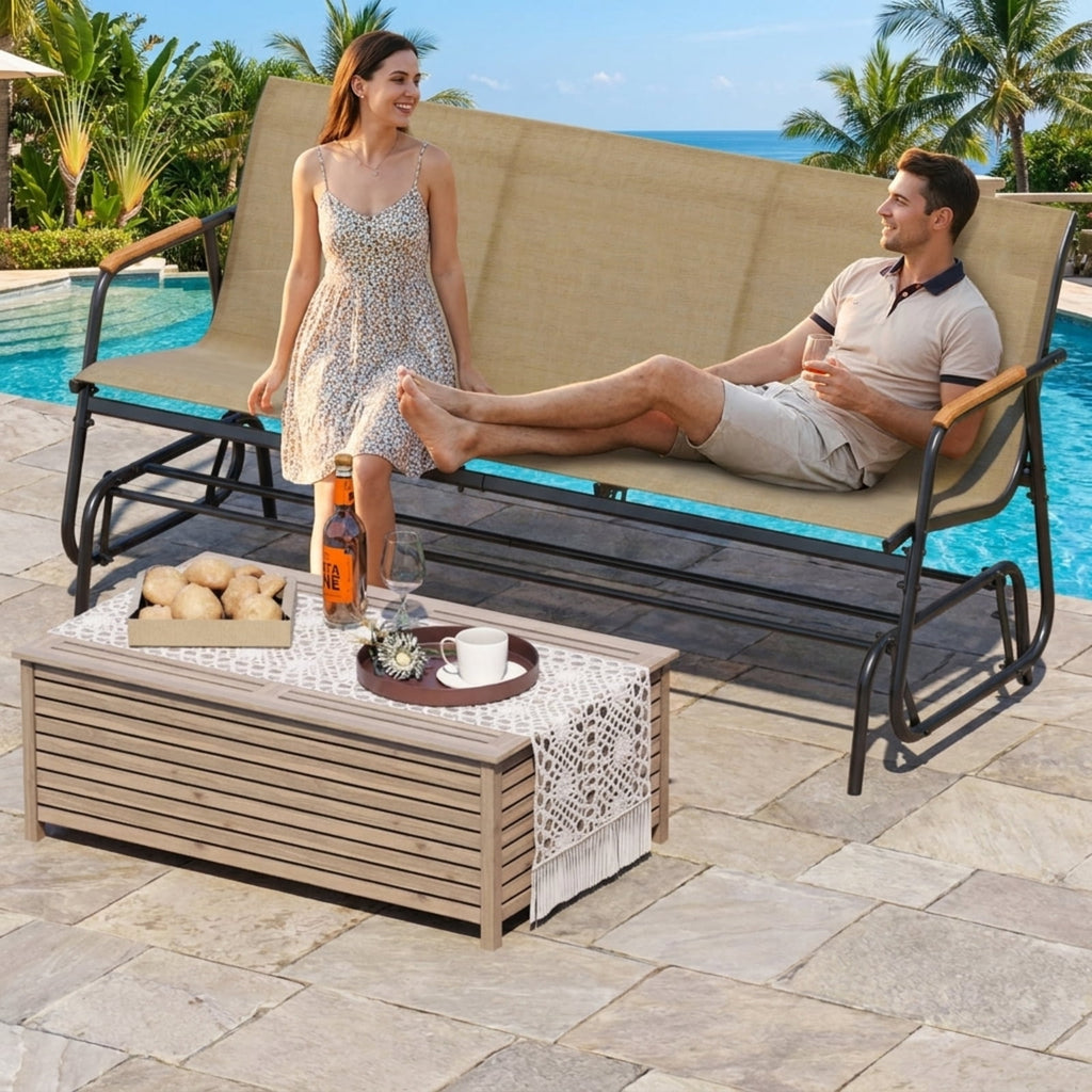 Biotree Patio Glider Bench with Curved Teak Armrests and Breathable Fabric Seat for 3 People Stackable Patio Chair for Garden BackyardBrown