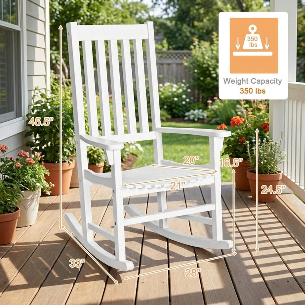 Biotree Indoor Outdoor Wooden High Back Rocking Chair Stackable Patio Chair for Garden BackyardWhite