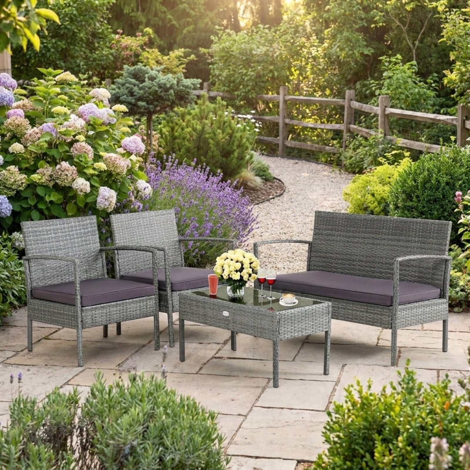 Biotree 4 Pieces Outdoor Rattan Conversation Set with Comfortable Cushion Outdoor Conversation Set for Garden Backyard PorchGrey